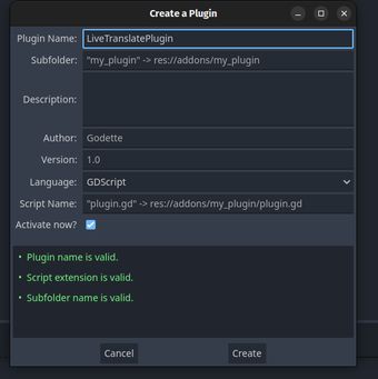 Godot 4 addon creation screen