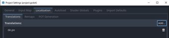 Translations dialog in Godot showing an added PO file containing a german translation.