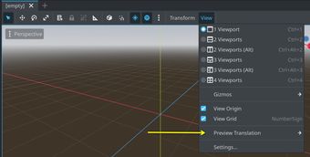 The central viewport context menu for Godot 4 with a yellow arrow pointing to the Preview Translation menu option