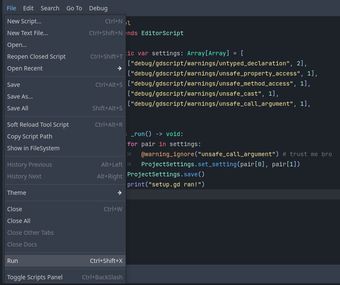 The File context menu showing a highlighted Run menu item
